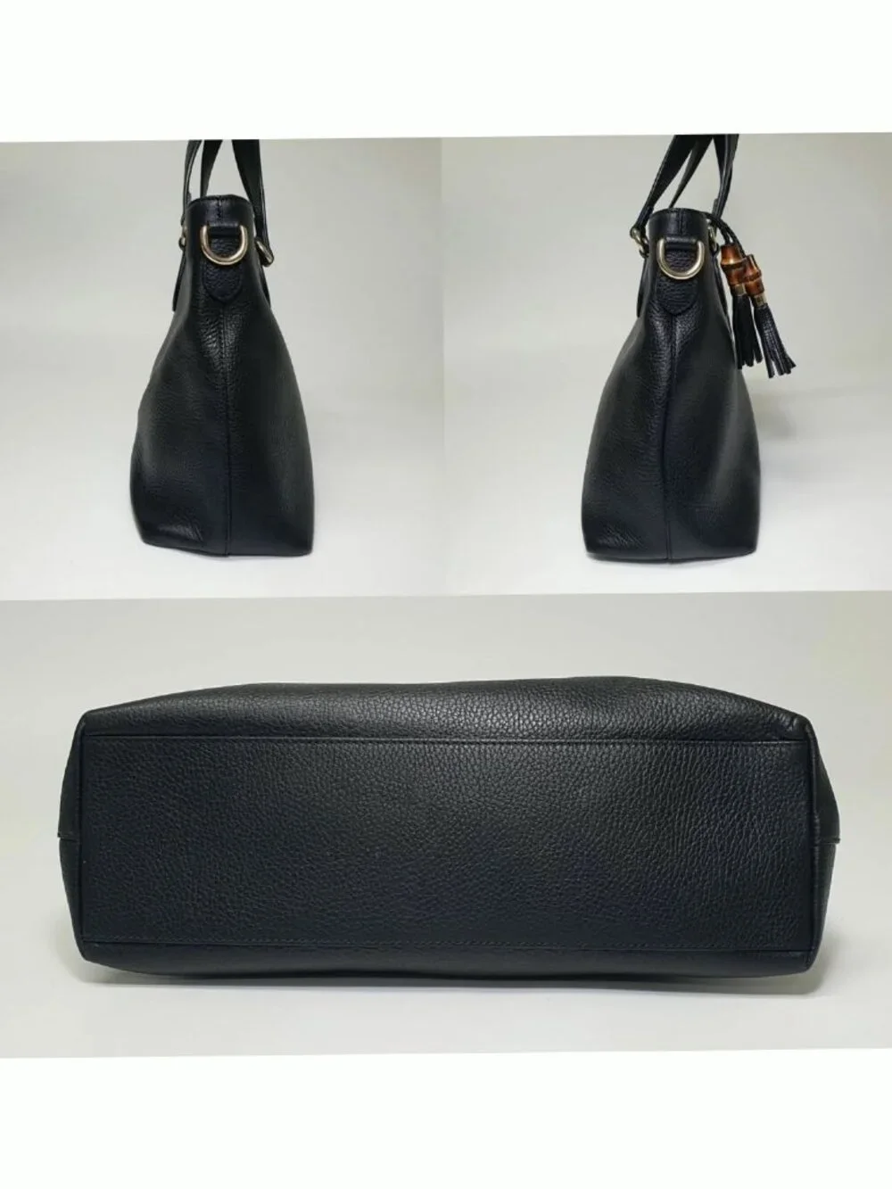 Authentic Gucci Black Leather Tote Bag Bamboo Tassel Crossbody Satchel Gold Hard - Picture 6 of 12